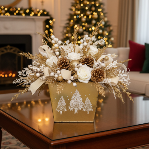 Metal planter with glittering fir tree motif, 18cm | Floristik24.ie