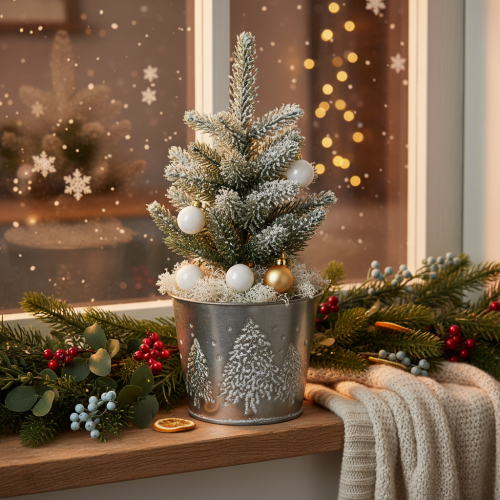 Metal planter with glitter fir trees, 13cm | Floristik24.ie