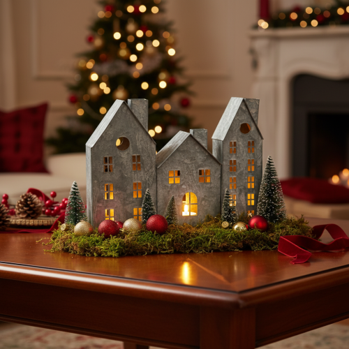 Christmas window decoration, lantern, diorama of a row of houses, silver metal decoration, shabby chic, L20cm H20cm | Floristik24.ie