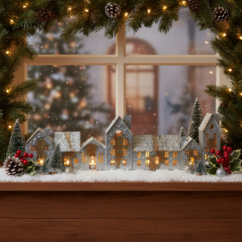 Light-up houses, window decorations, silver light houses, antique-look metal lantern, L67.5cm H20cm | Floristik24.ie