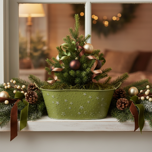 Oval metal bowl with stars and handles, green, 31×16cm, H12.5cm | Floristik24.ie