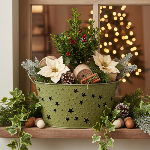 Metal bowl with stars and handles, green, Ø20cm, H11.5cm | Floristik24.ie