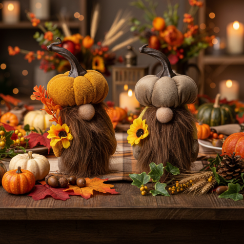 Autumn figurine pumpkin gnome with sunflower and beard 16cm 2pcs | Floristik24.ie