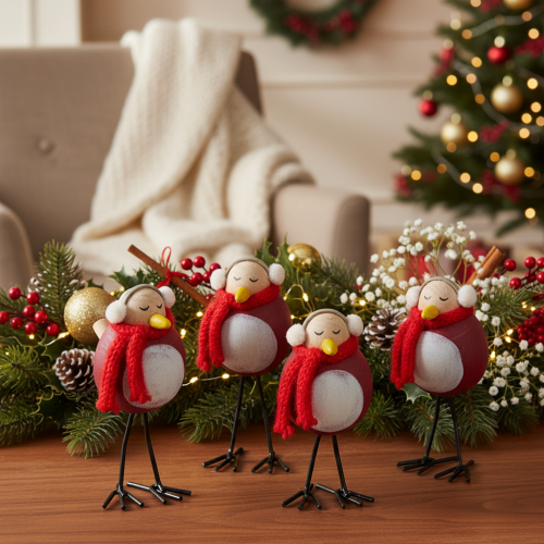 Decorative bird figurine with scarf, winter decoration, 11cm, 4 pieces | Floristik24.ie