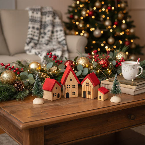 Wooden decorative house set with red roofs and fir trees, 12cm, 6 pieces | Floristik24.ie
