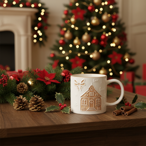 Product Ceramic mug with house motif and relief pattern, 9cm