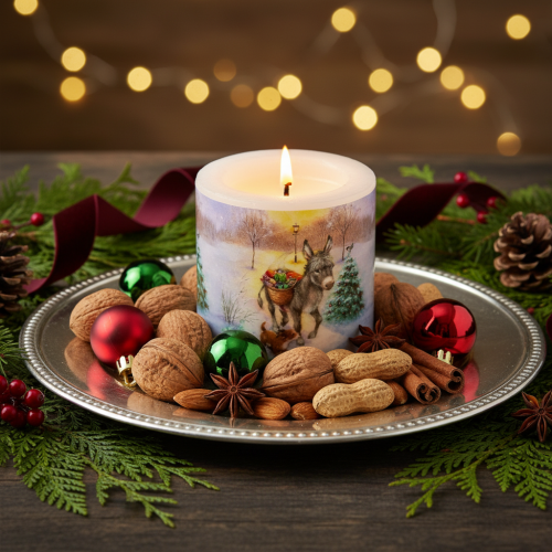 Product Pillar candle winter landscape with donkey and dog motif 10cm