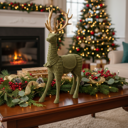 Decorative deer standing figure, flocked with antlers, 31cm | Floristik24.ie