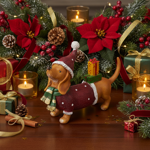 Product Decorative dachshund figurine with gift package and hat, 18cm