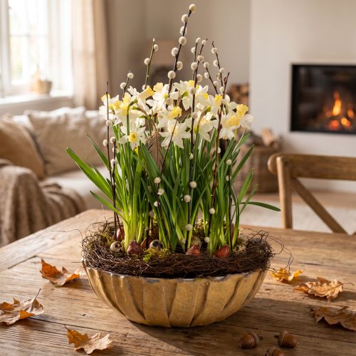 Round planter, flower decoration, plastic bowl, container for arrangements, green, mottled white, H8.5cm, Ø30cm