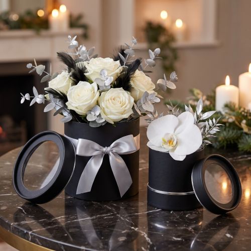Flower box round cardboard black, silver Ø10/12cm set of 2 | Floristik24.ie