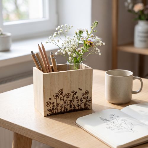 Wooden box pen holder desk organizer natural 14×8×12cm | Floristik24.ie