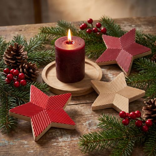Stars Wooden Christmas Stars Fluted Red Natural 11cm 3 Pcs | Floristik24.ie