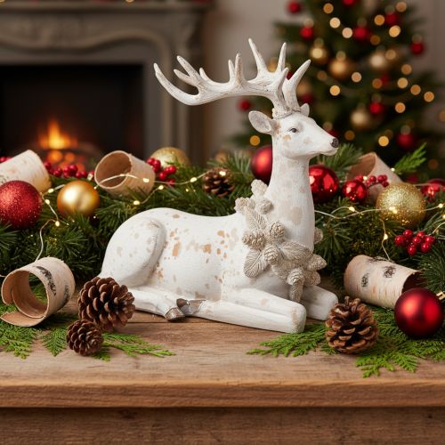 Decorative figurine of a sitting deer with antlers, 30cm | Floristik24.ie