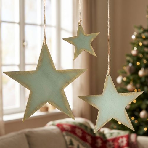 Wooden stars for hanging window decoration mint gold 12/20/26cm set of 3 | Floristik24.ie
