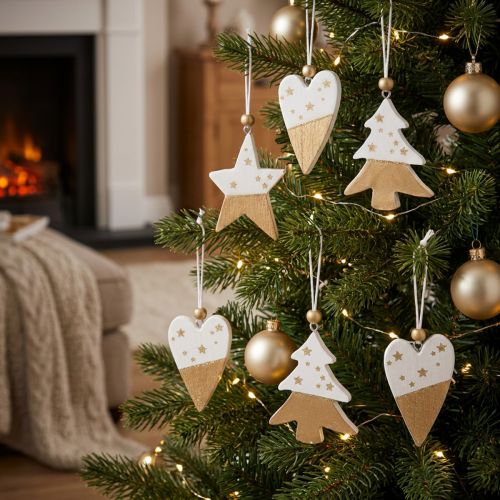 Christmas ornaments, wooden star, tree, heart, 6 pieces, white and gold decorative pendants | Floristik24.ie