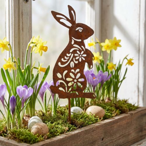 Garden Stake Rust Bunny Flower Pattern Garden Decoration Easter 9×15cm | Floristik24.ie