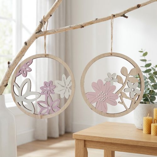 Decorative Hanging Wood Flowers Natural White Purple Glitter Ø12cm 6 Pcs | Floristik24.ie