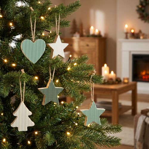 Christmas tree wooden pendant set, heart-tree-star, mint-green-white, 4.5 cm, 9 pieces - Christmas decoration | Floristik24.ie