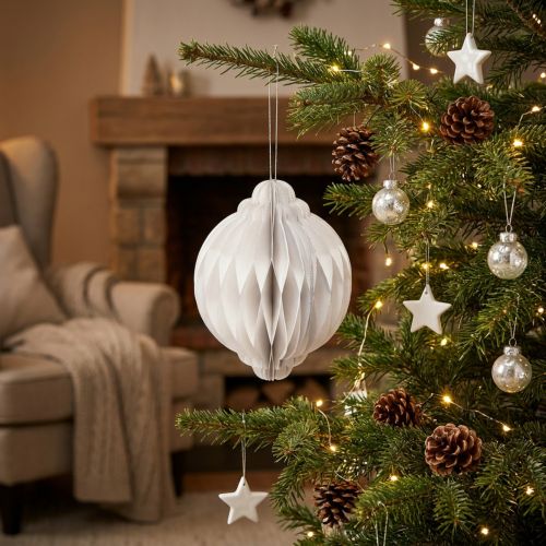 Honeycomb Christmas ball paper white FSC Ø15cm H20cm | Floristik24.ie