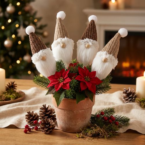 Christmas Gnomes Flower Pot Stakes White Brown 11cm 4pcs | Floristik24.ie