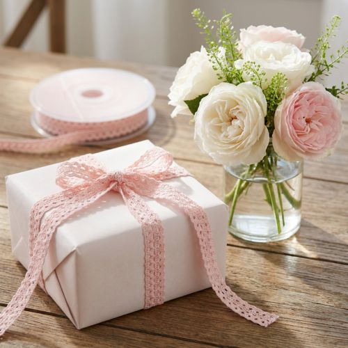 Decorative ribbon with crochet lace pink W9mm L20m | Floristik24.ie