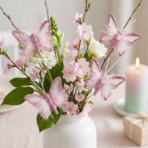 Feather Butterfly Decorative Clip Pink White 5x4.5cm 4 pcs | Floristik24.ie