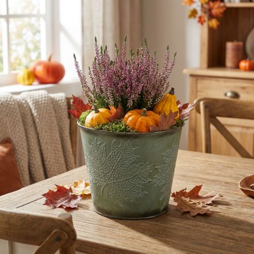 Plant pot with autumn decoration, metal decoration, autumn planter green Ø18.5cm H17cm | Floristik24.ie
