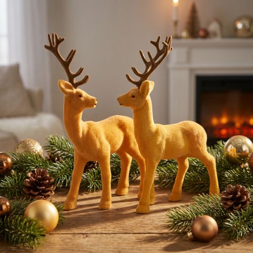 Deer deco reindeer yellow brown flocked H20.5cm set of 2 | Floristik24.ie