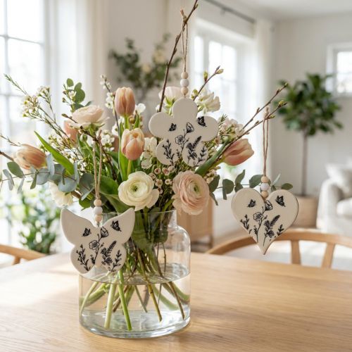 Decorative hanger heart flower butterfly white natural 9cm 3pcs | Floristik24.ie