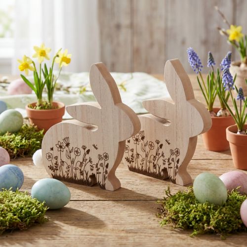 Rabbit Wooden Sitting Flower Pattern Natural White 24×24cm 2 pcs | Floristik24.ie