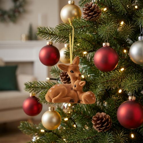 Decorative hanging deer decoration with fawn, flocked, 10cm x 5cm x 8.5cm | Floristik24.ie