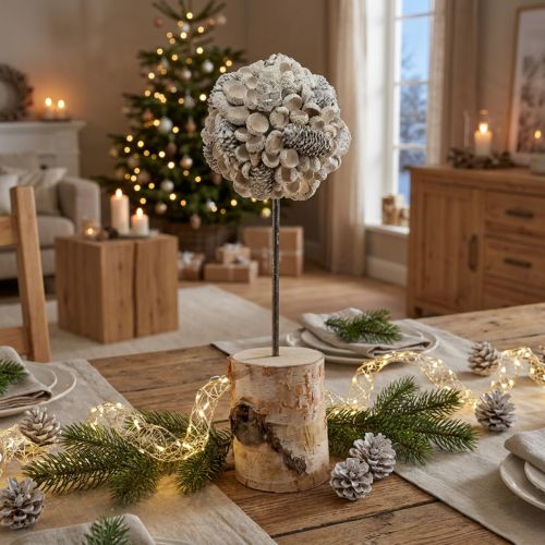 Wooden Decoration Tree Winter Decoration Birch Acorns Cones White H40cm | Floristik24.ie
