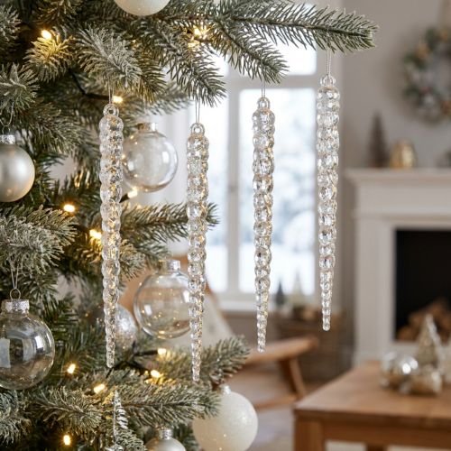 Decorative icicles for hanging winter clear glitter 14cm 4pcs | Floristik24.ie