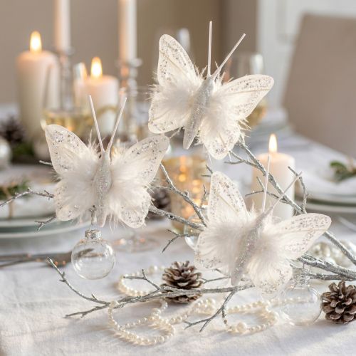 Feather butterflies on clip white glitter 5x4.5cm 4 pcs | Floristik24.ie