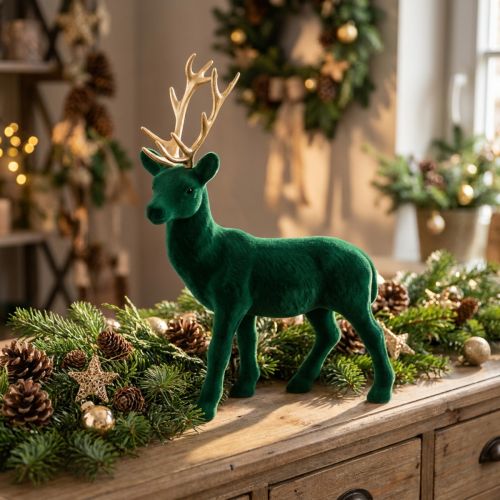 Deer standing deco figure green gold table decoration advent 27cm | Floristik24.ie