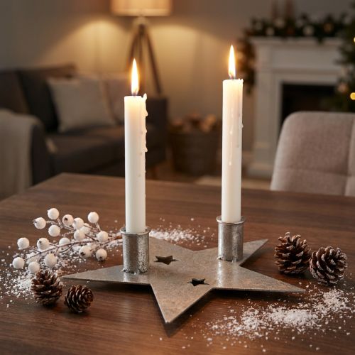 Candle decoration star, metal decoration, candle holder for 2 taper candles silver, antique look 23cm × 22cm | Floristik24.ie