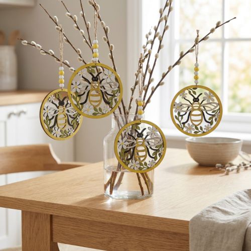 Bee to hang up wooden spring decoration pendant Ø12cm 4pcs | Floristik24.ie