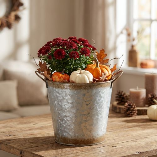 Decorative pot with handles, planting bucket, metal container, silver, weathered steel, Ø17cm H16.5cm | Floristik24.ie