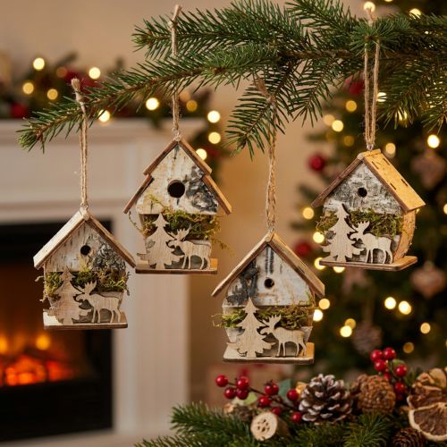 Christmas pendant wooden small decorative houses H6.5/7.5cm 4pcs | Floristik24.ie