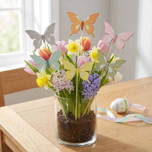Product Flower stick butterfly wood with feather 8x7cm 12 pcs
