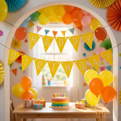 Birthday decoration pennant garland made of felt, yellow and orange, 300cm | Floristik24.ie