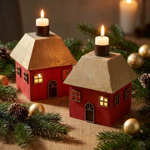 Candle Holder Christmas House Wood Red 9×9×11cm 2 Pcs | Floristik24.ie