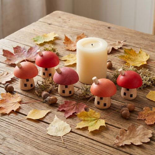 Decorative wooden mushroom house, red and orange, 6x5cm, 6 pieces | Floristik24.ie