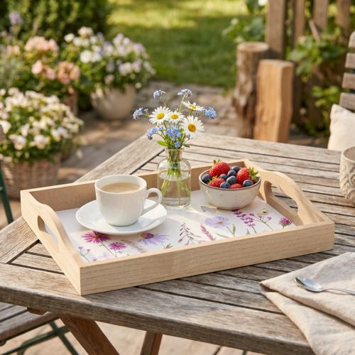 Rectangular wooden tray, natural flowers, butterfly, L35cm | Floristik24.ie