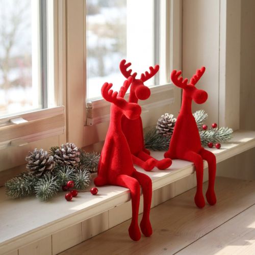 Sitting Moose Shelf Sitter Christmas flocked Red 31cm 3pcs | Floristik24.ie
