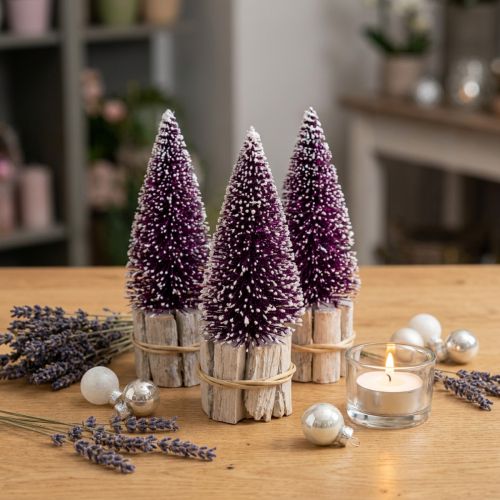 Product Decorative Christmas tree in purple with snow tip on a rustic wooden base 15cm 3 pieces.