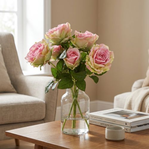 Artificial rose bush green, pink 55cm | Floristik24.ie