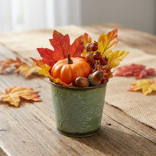 Planter with leaf decoration, metal vessel for autumn, green plant bucket Ø10cm H10cm | Floristik24.ie