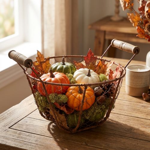 Wire basket, metal basket with handle, wood, rust, decorative, Ø18cm | Floristik24.ie